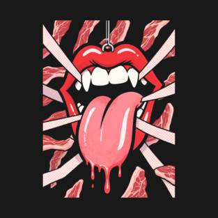 Surreal Pop Art Vampire Lips - Hooked Mouth & Raw Meat Graphic T-Shirt t-shirt